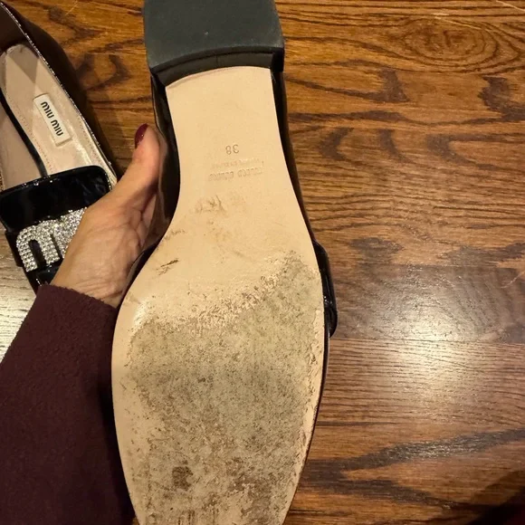 Miu Miu Shiny Black Loafers with Crystal Logo - Picture 3 of 6